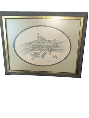 Framed Black & Gold Vintage Rifle Pencil Drawing by Dan Enger